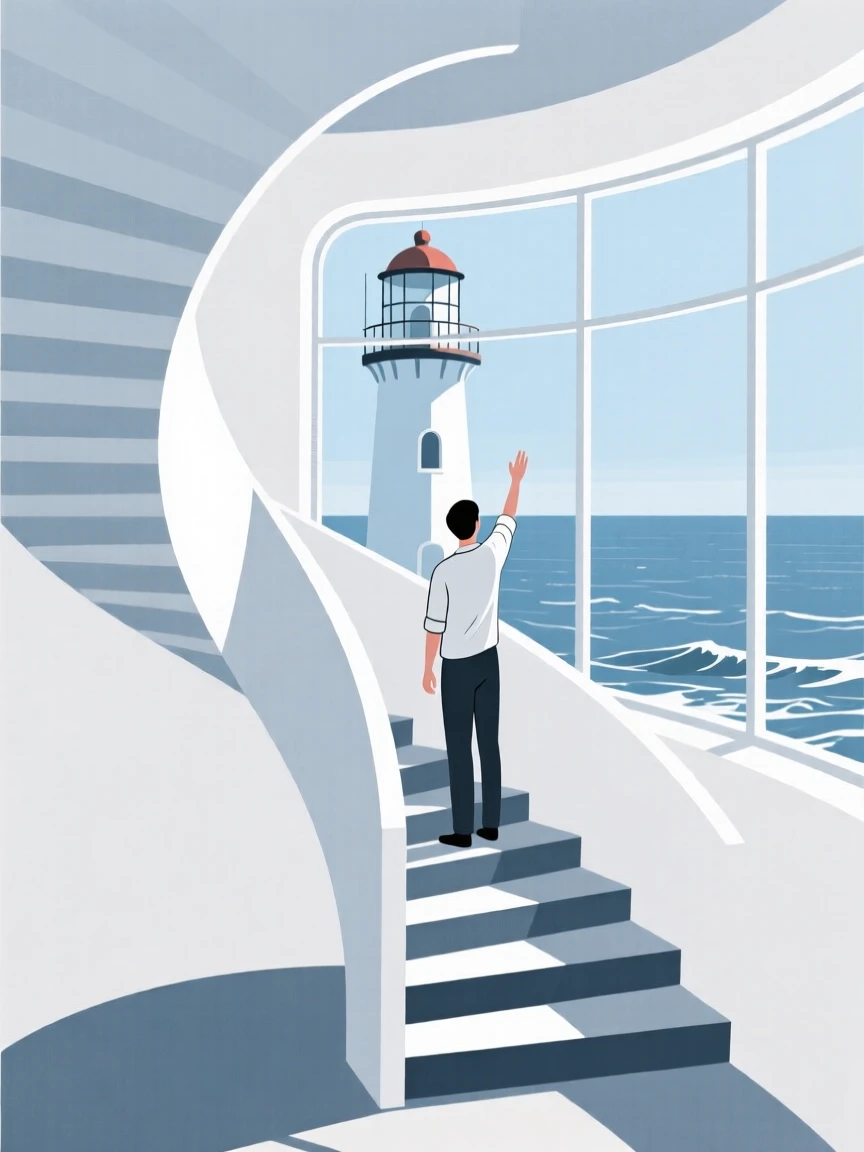 A person reaching the top of a lighthouse staircase to a sweeping view.