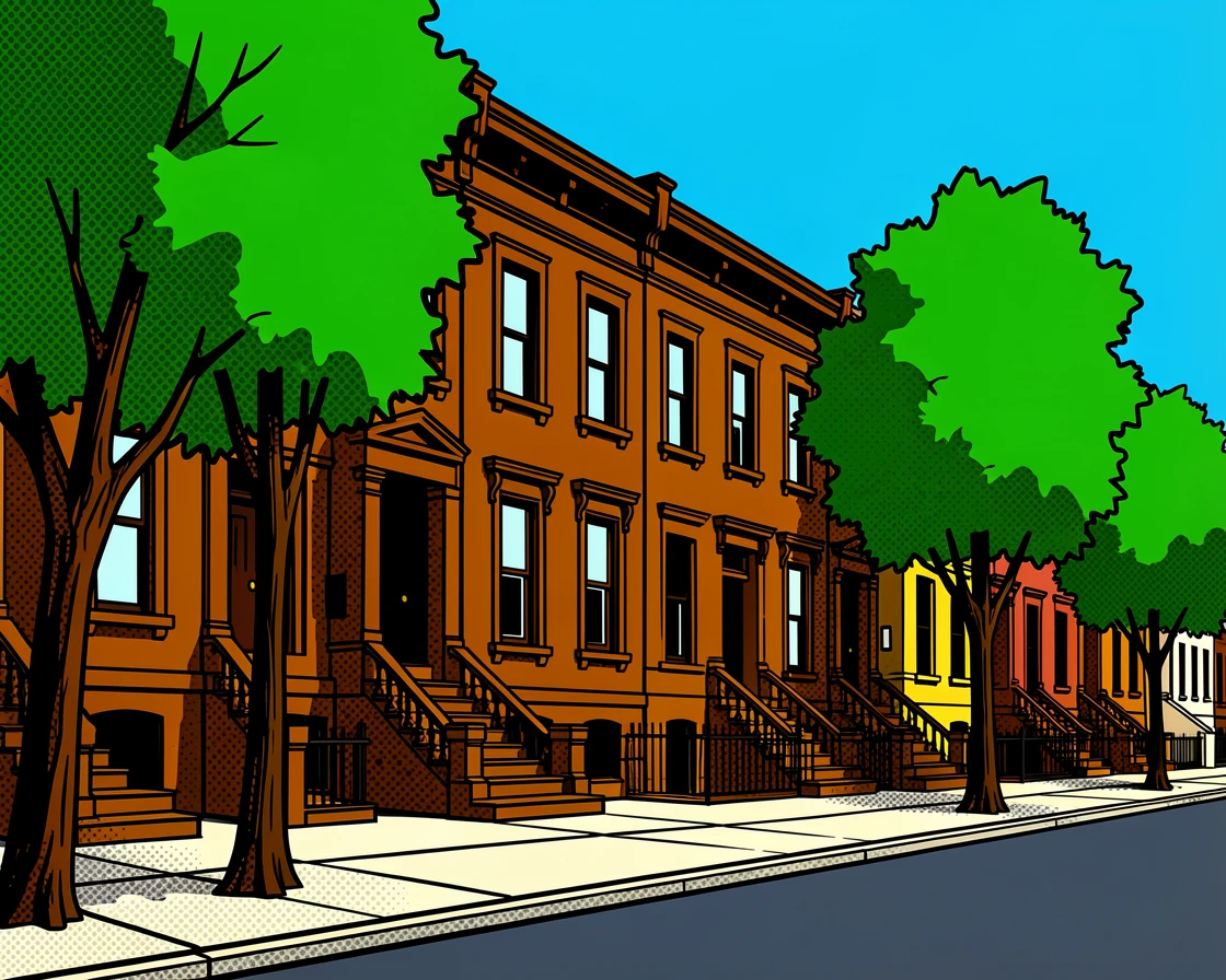 A row of brownstone buildings on a tree-lined street