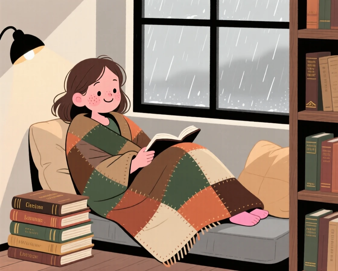 A young woman curls up in a reading nook beside a stack of old books, wrapped in a patchwork blanket while listening to rain on the roof.
