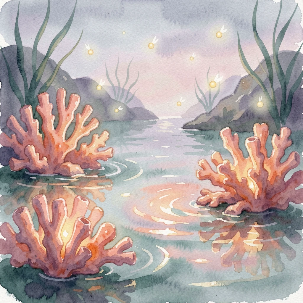 A mermaid lagoon lit by glowing coral with glowing fireflies drifting through the air.