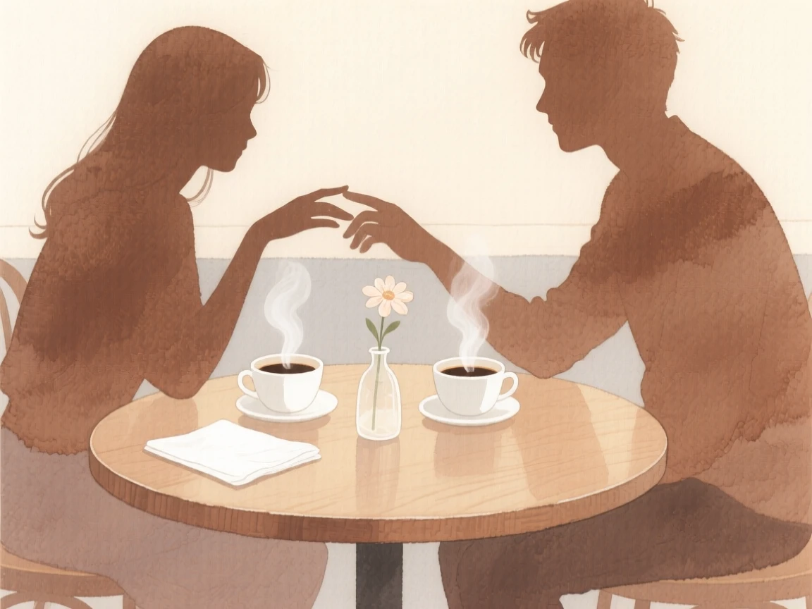 A tender moment of a quiet café table for two, with two cups of coffee steaming between them, capturing quiet affection between two people