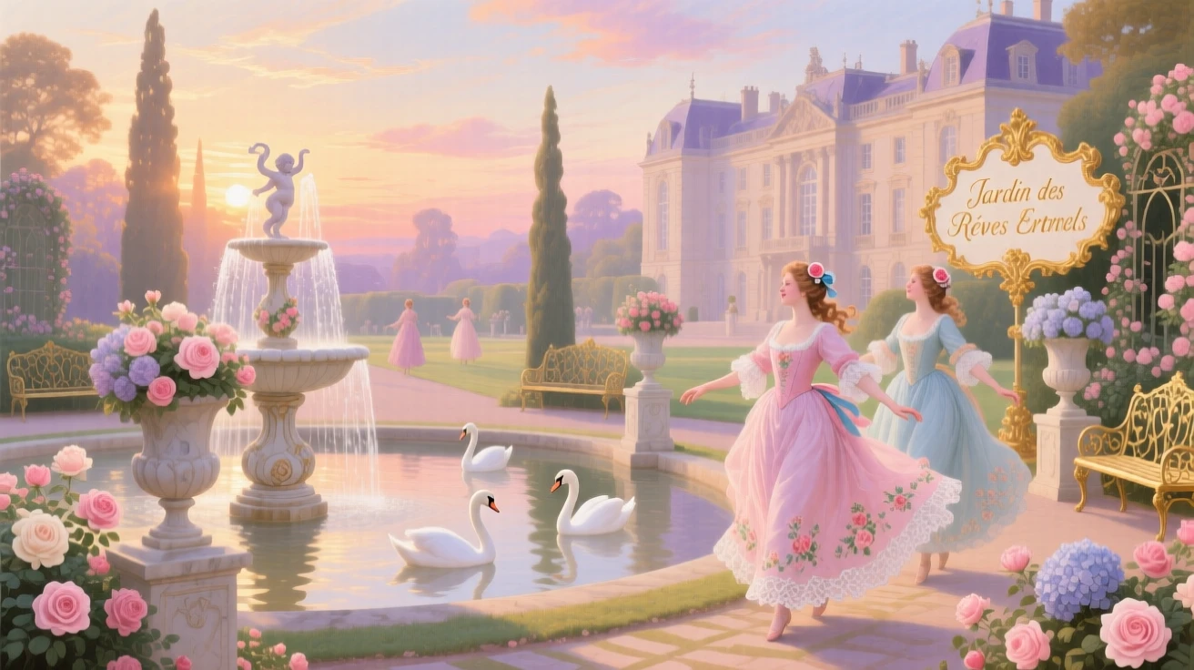 A grand dreamlike palace garden filled with fountains, swans, roses, dancers, and a glowing sunset