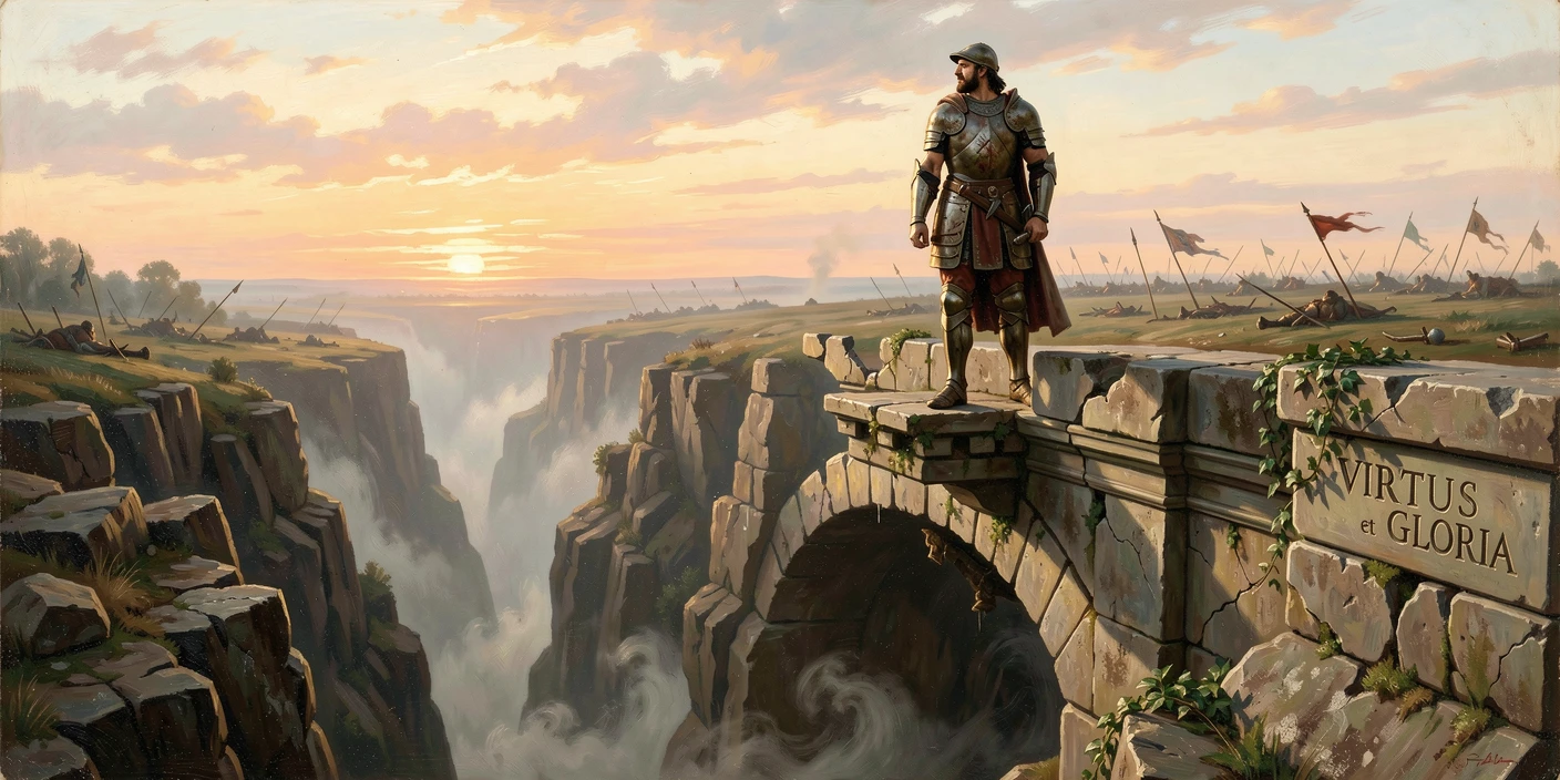 A returning champion stands against a crumbling bridge over a deep ravine as dawn breaks over the battlefield.