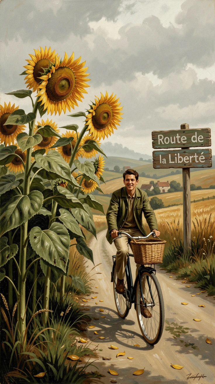 A cyclist riding along a scenic countryside road lined with sunflowers, with rich environmental detail immersing the viewer in the destination, capturing the excitement, freedom, and wonder of travel