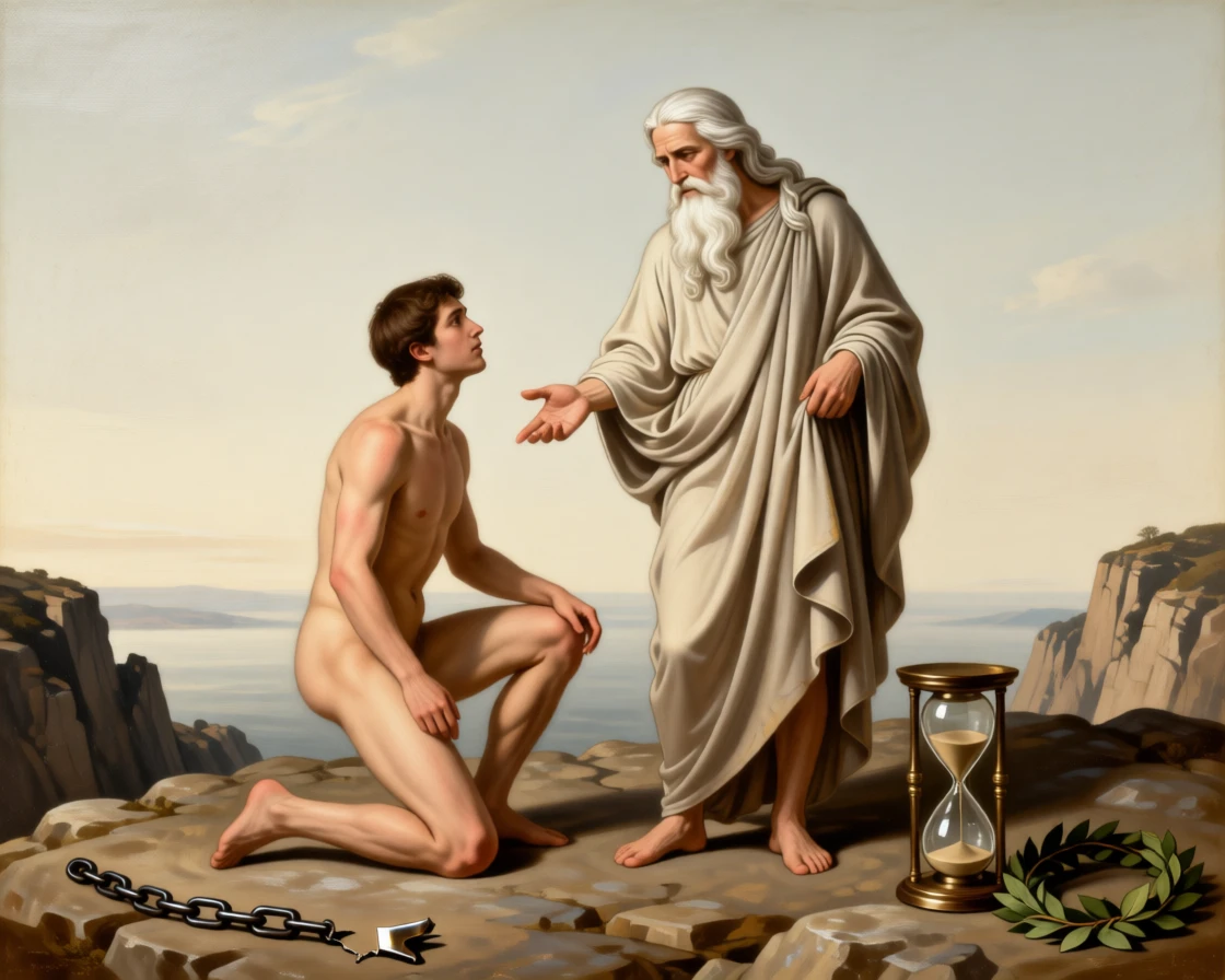 Father Time revealing a hidden truth to a kneeling mortal at the threshold between the mortal and the eternal, set atop a rocky promontory overlooking a vast unknown, with symbolic objects such as a broken chain, an hourglass, or a laurel wreath placed with quiet intention; the composition balances opposing symbolic elements on either side of the central figure, evoking profound meditation on fate, virtue, and the human condition.