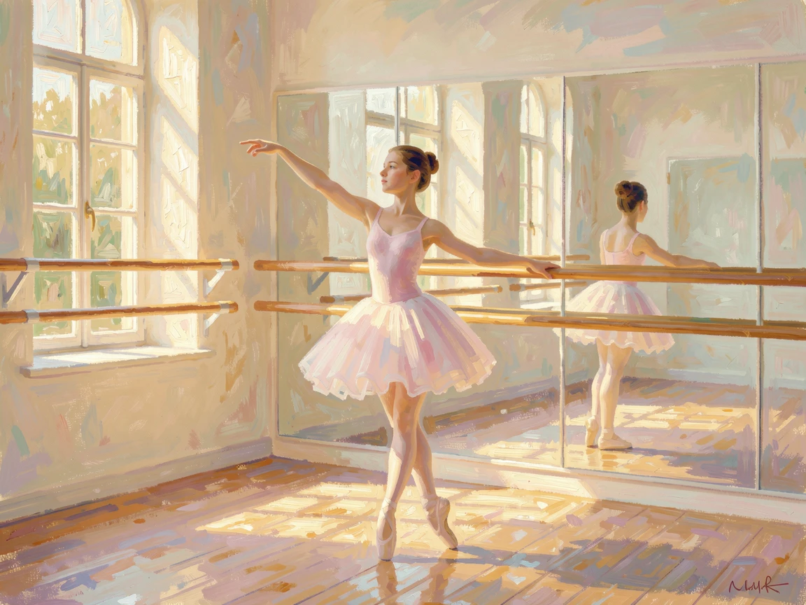 A dancer stretching at a ballet barre in a sunlit studio, her reflection doubled in tall mirrors, radiating serenity and gentle stillness.