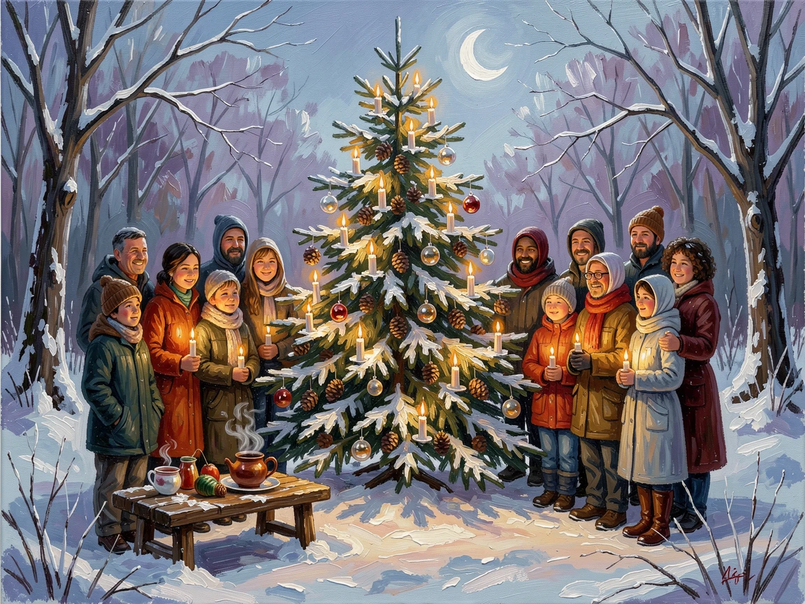 A peaceful winter solstice scene shows a candlelit gathering around a decorated evergreen tree in a snow-covered forest clearing, warm ambient light illuminating faces filled with joy and communal spirit.