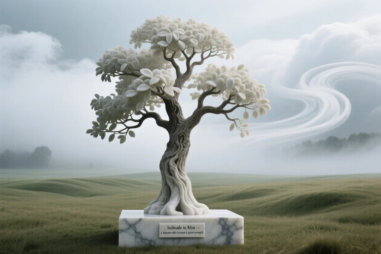A vivid, emotionally rich scene of a solitary tree standing in a misty field, amid swirling clouds and mist, designed to captivate and inspire