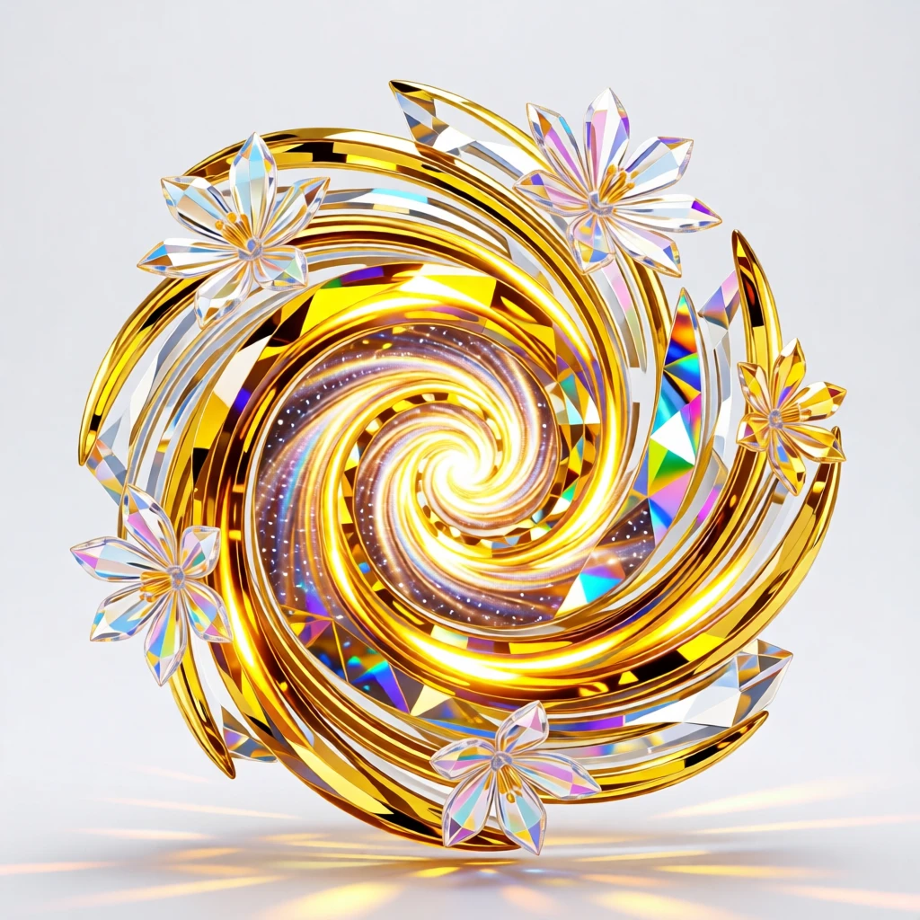 An abstract composition of golden light and blooming flowers converging into a single radiant spiral galaxy.