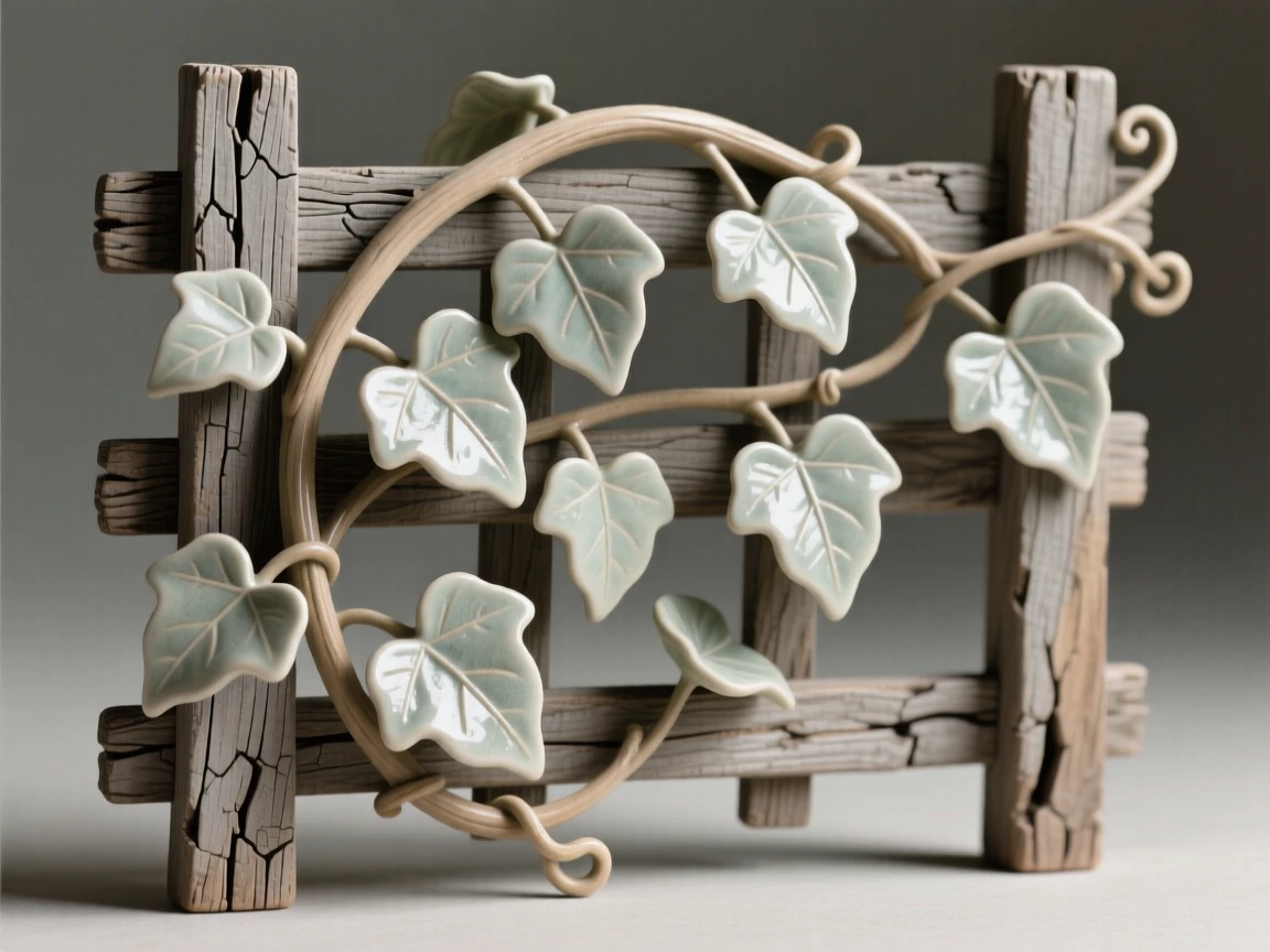 A trailing ivy climbing a weathered trellis arranged as if freshly gathered, its stem gently arching under its own weight, capturing a fleeting, delicate moment in bloom.