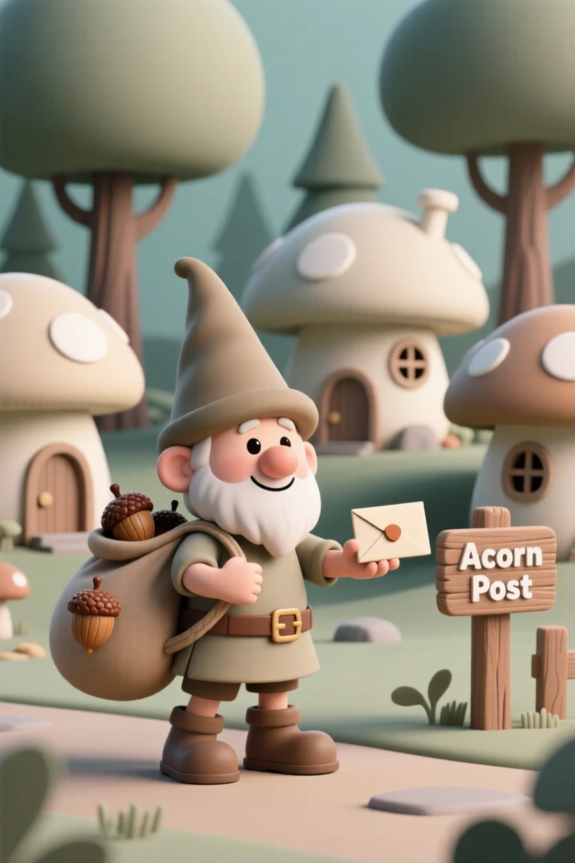 A cheerful gnome mailman delivers tiny acorn-shaped letters between mushroom houses in an enchanted forest village.