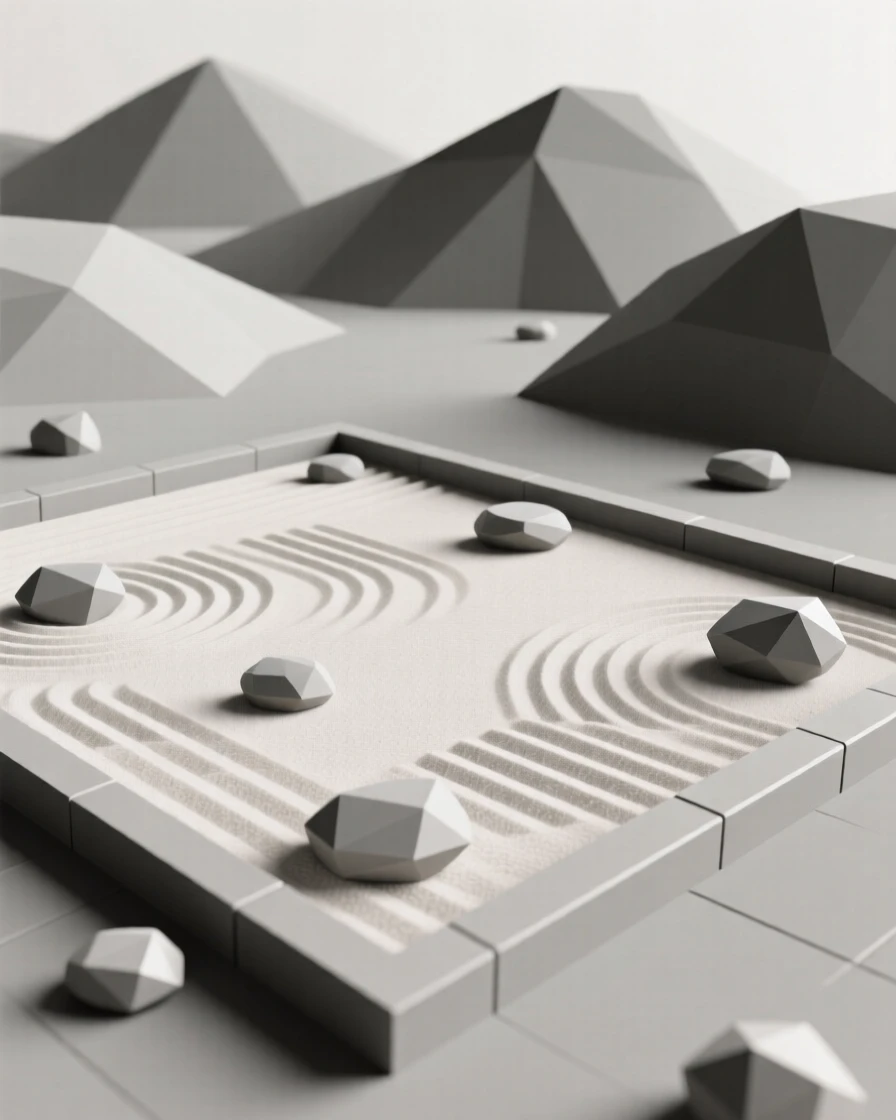 A tranquil Zen garden with raked sand and smooth stones, framed by distant rolling hills. the framing draws the eye along a natural leading line. The atmosphere is peaceful and inviting.