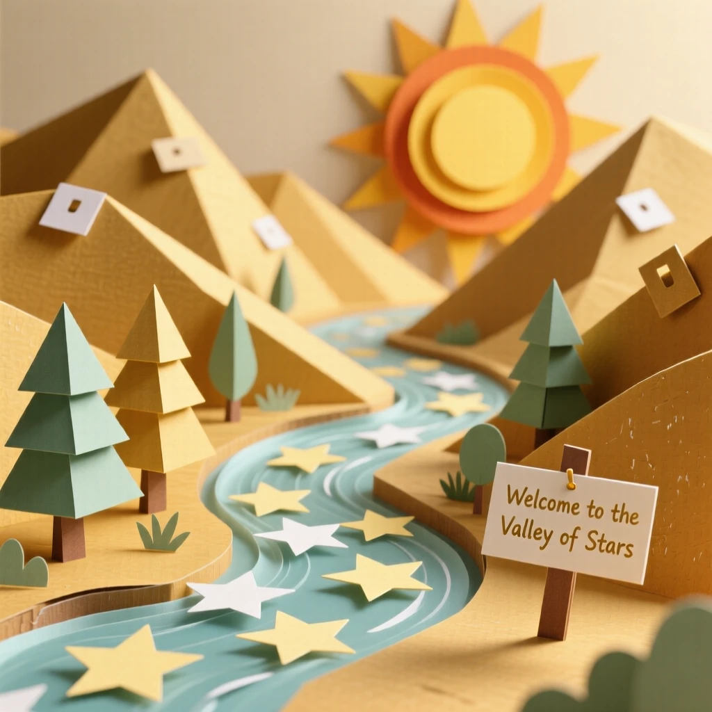 A river of stars flowing through a valley illuminated by warm golden light, with delicate details inviting closer inspection, capturing whimsical, surreal beauty.