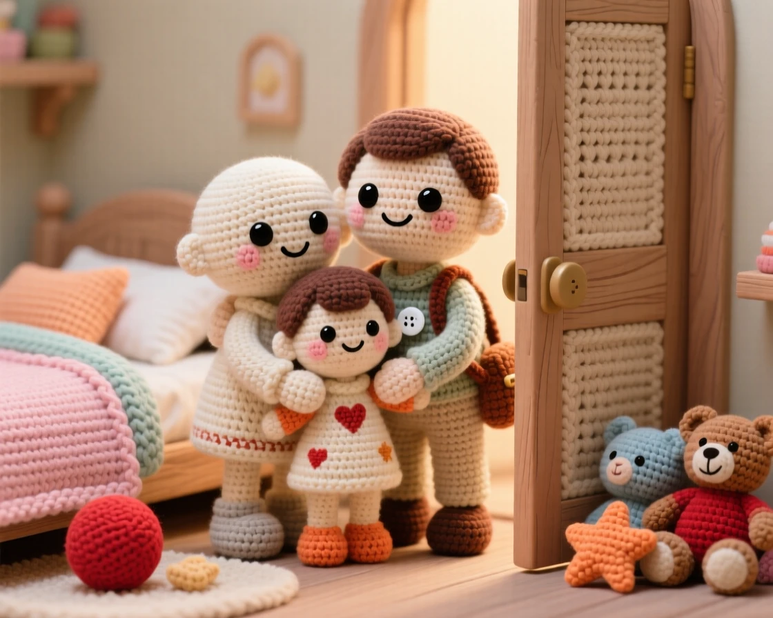 a family welcoming home a returning traveler, waiting together at the front door, wrapping them in a warm group hug, in a cozy bedroom decorated for a good night's sleep, with a scattering of toys tidied nearby, radiating heartfelt closeness and shared happiness.