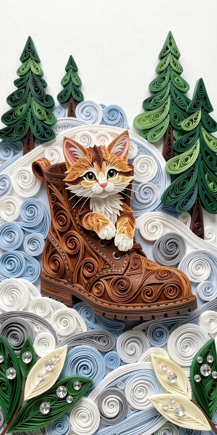 a kitten peeking out from inside a cozy boot, on a snowy hillside dotted with pine trees, captured mid-motion with a joyful, candid feel, with soft dewdrops glistening on nearby leaves.