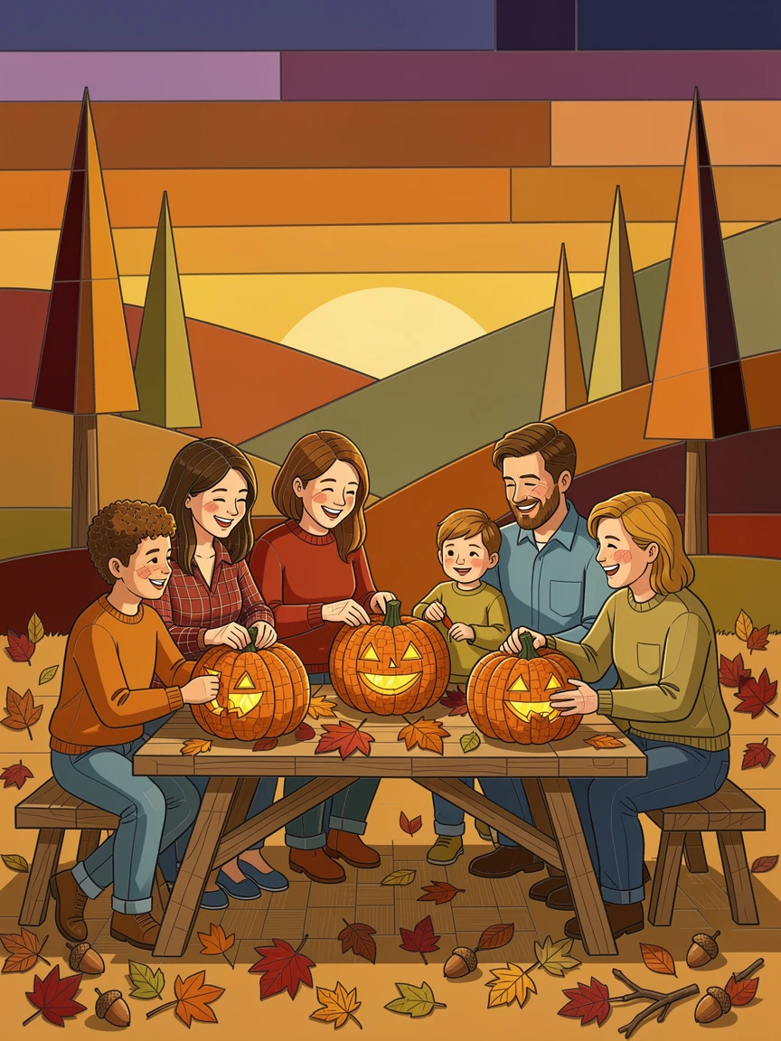 A warm autumn scene of a family carving pumpkins together.