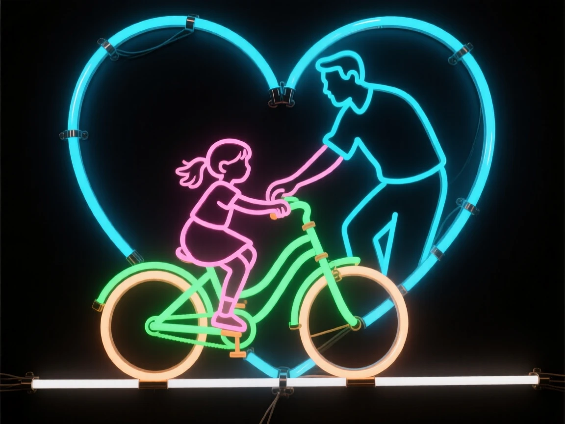 A father teaching his young daughter to ride a bicycle.