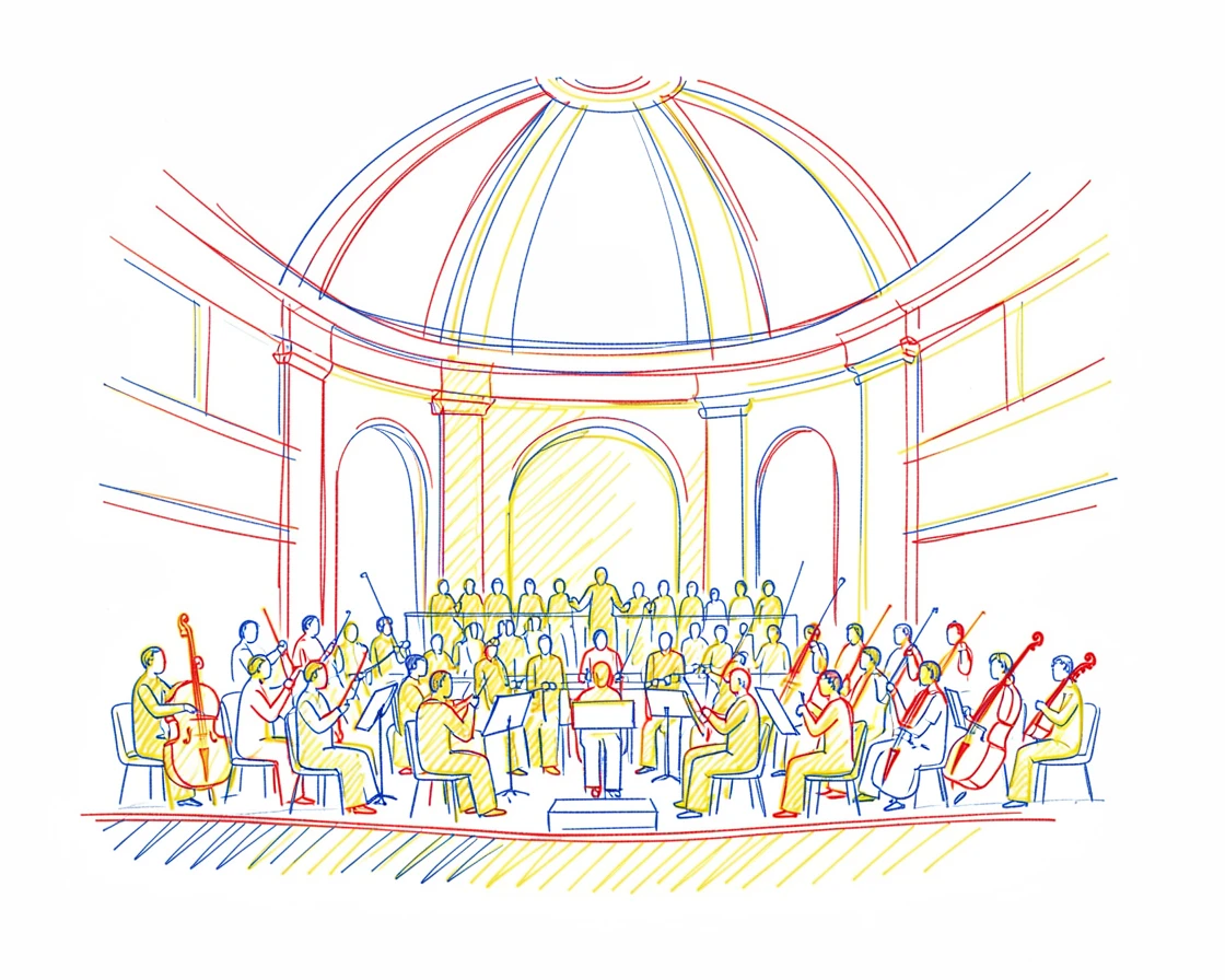 A full orchestra and choir performing together beneath a grand concert hall dome