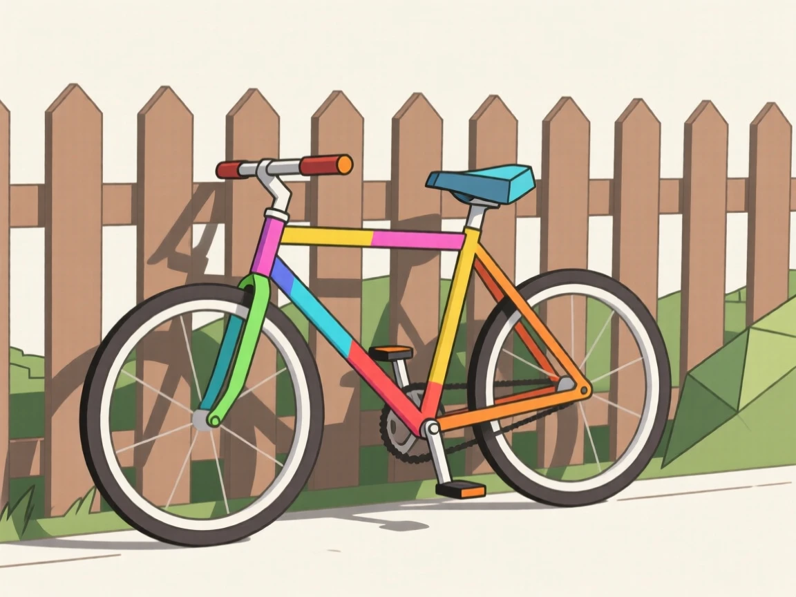 A coloringful bicycle leaning against a garden fence