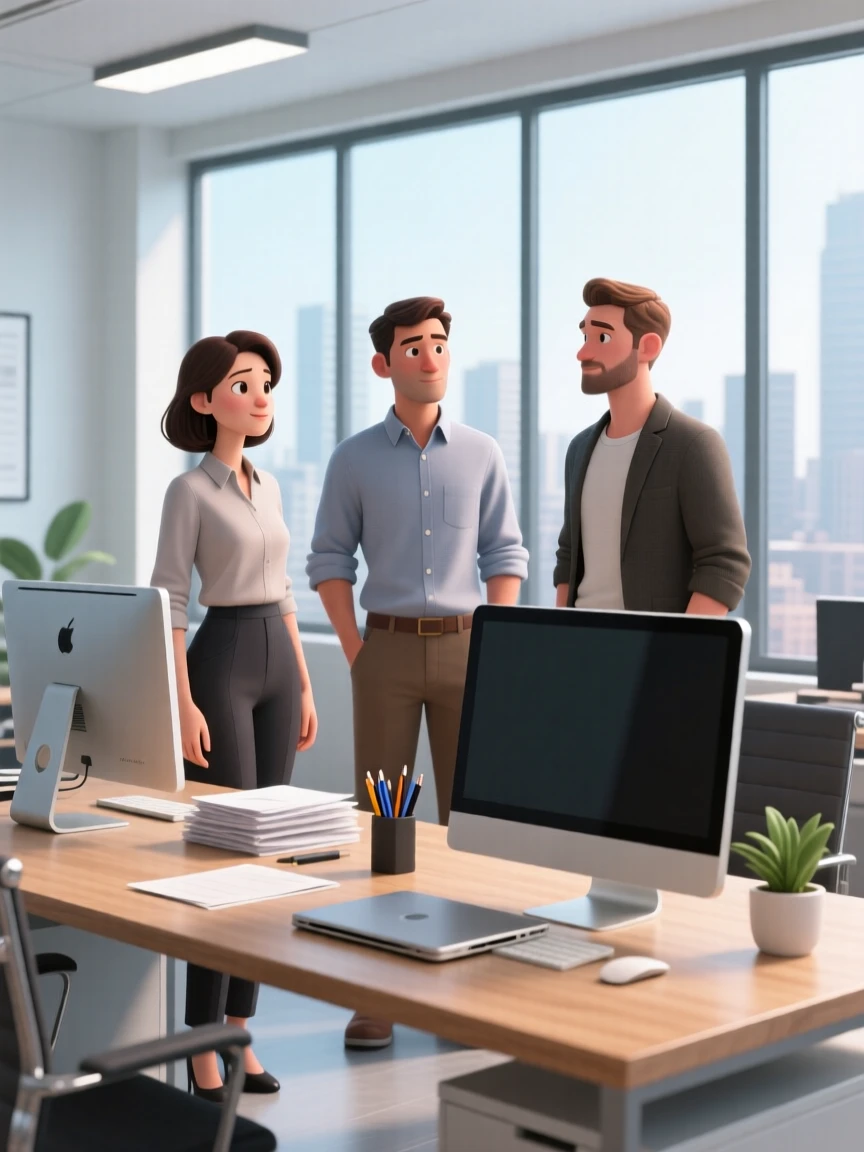 Three persons in a modern office setting, standing behind a desk with computers and office supplies.
