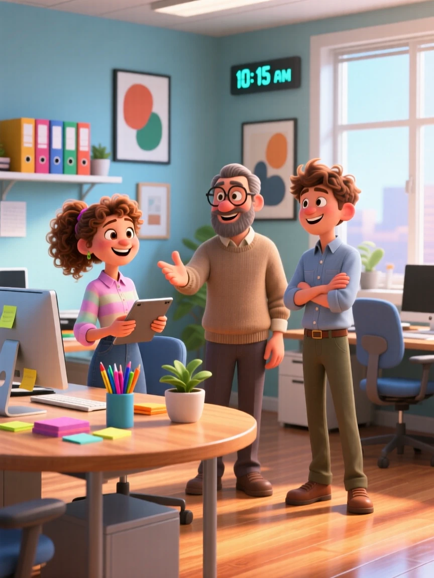 Three persons in a modern office setting, standing behind a desk with computers and office supplies.