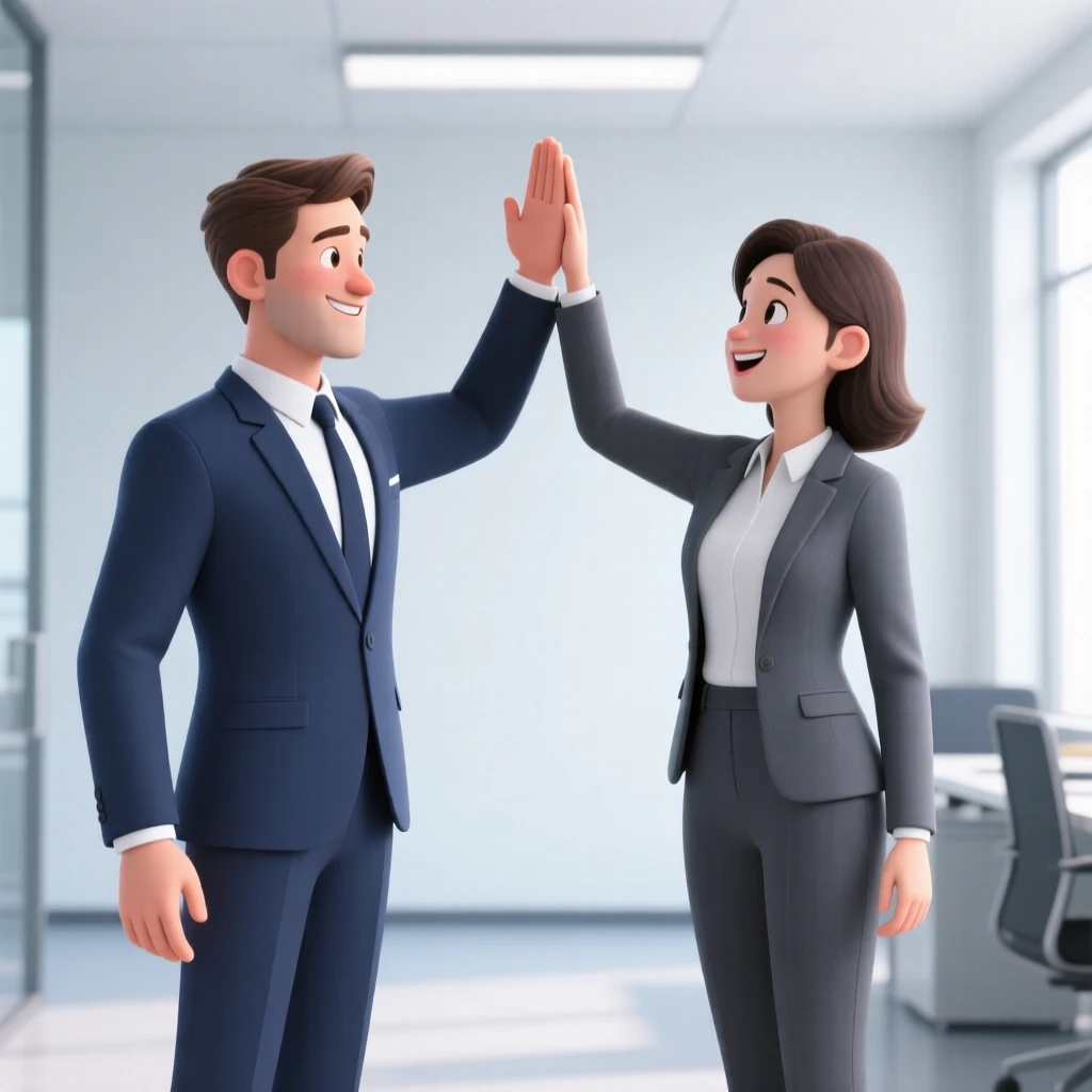 A man and woman high-fiving, dressed in business attire, celebrating teamwork or success.