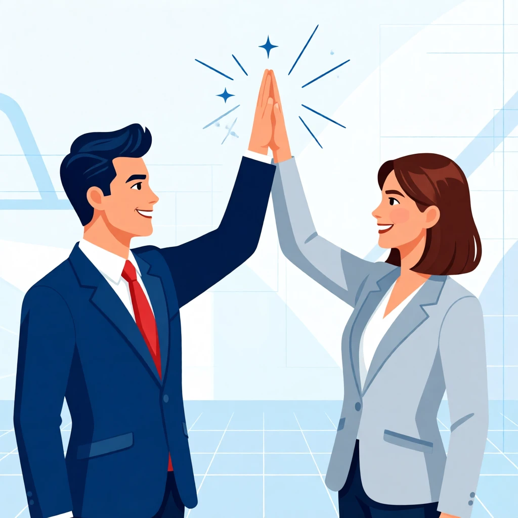 Stylized illustration of a man and woman high-fiving, dressed in business attire, celebrating teamwork or success.