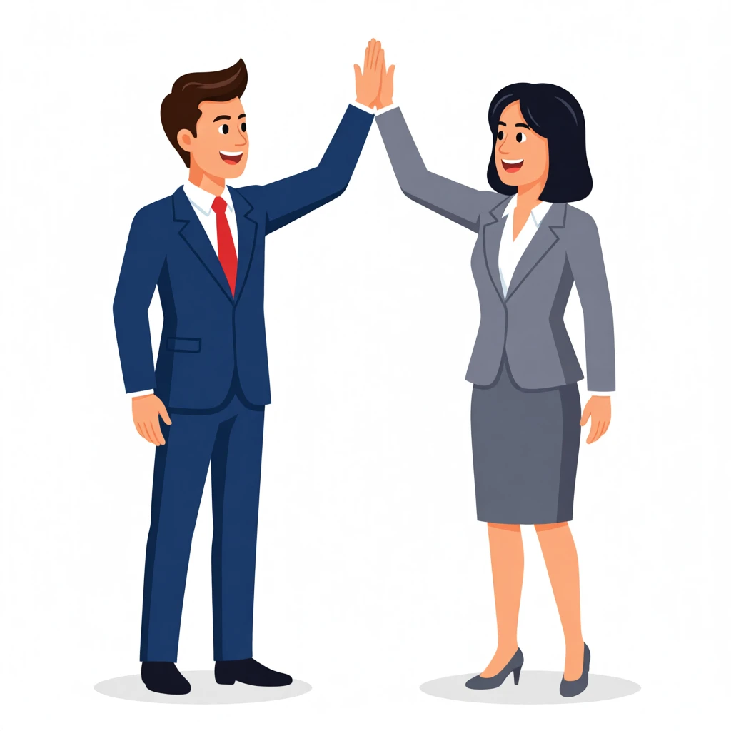 A man and woman high-fiving, dressed in business attire, celebrating teamwork or success.