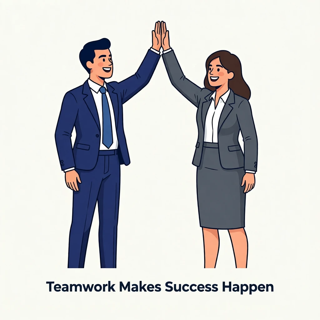A man and woman high-fiving, dressed in business attire, celebrating teamwork or success.