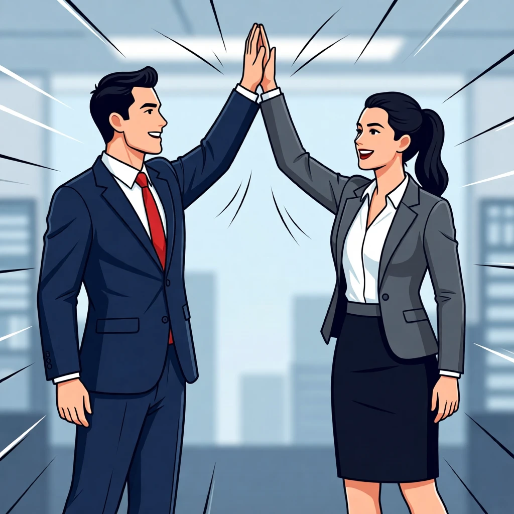 A man and woman high-fiving, dressed in business attire, celebrating teamwork or success.