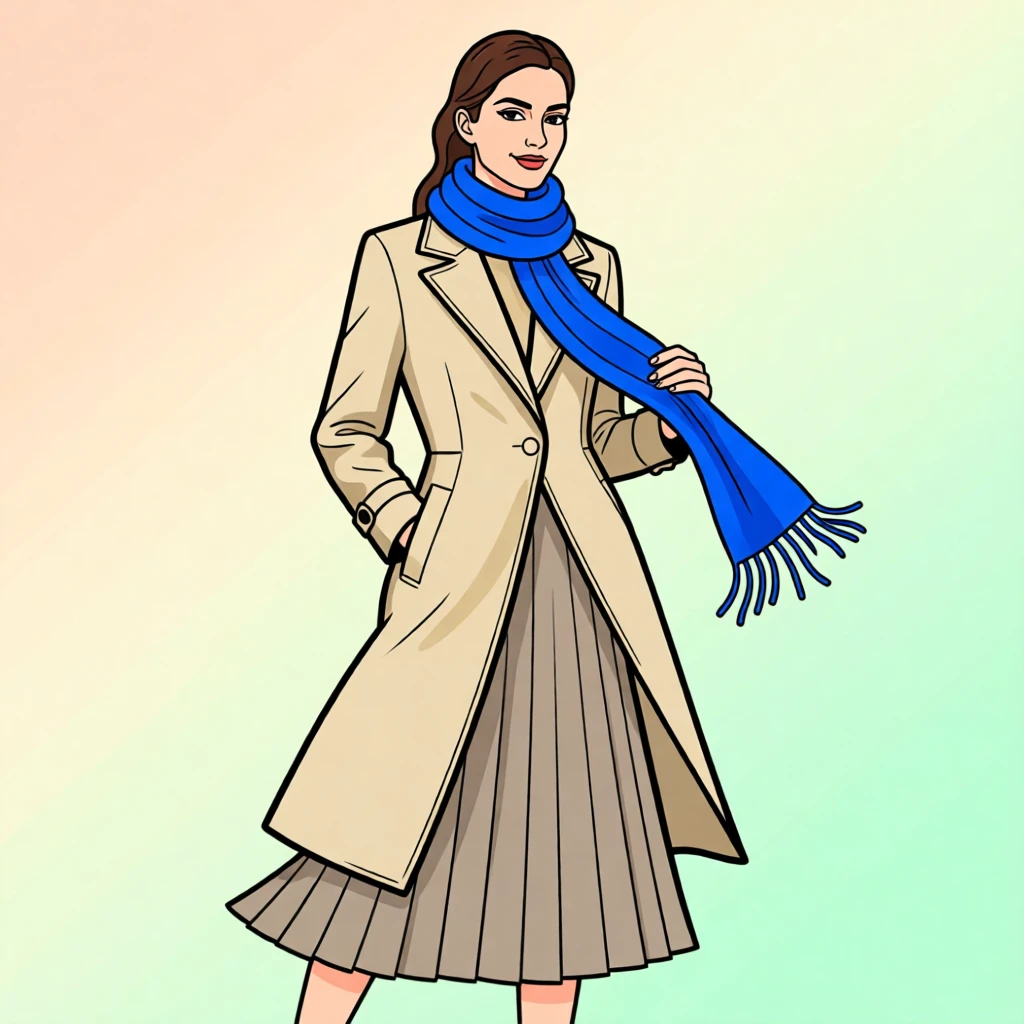 A woman in a chic outfit with a beige coat, pleated skirt, and blue scarf, set against a pastel background.