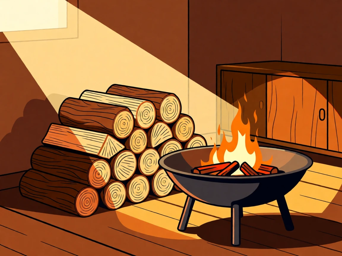 A stack of firewood beside a crackling outdoor fire pit, set within a cozy, warmly lit room, composed with soft diagonal lighting for depth, with soft golden light highlighting fine craftsmanship.