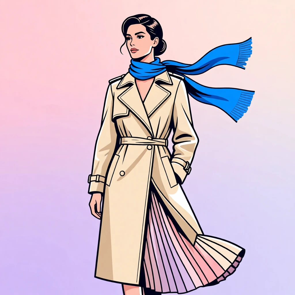 A woman in a chic outfit with a beige coat, pleated skirt, and blue scarf, set against a pastel background.