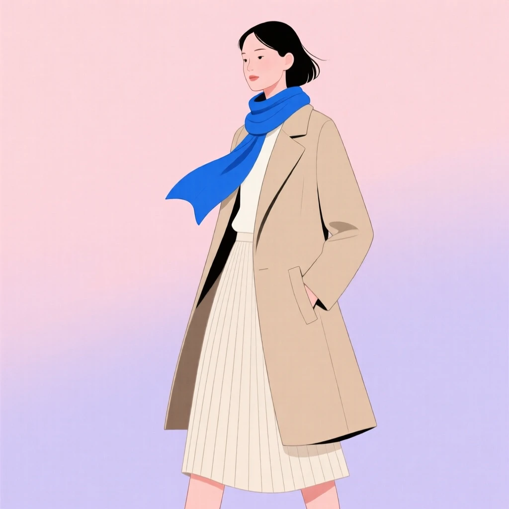 A woman in a chic outfit with a beige coat, pleated skirt, and blue scarf, set against a pastel background.