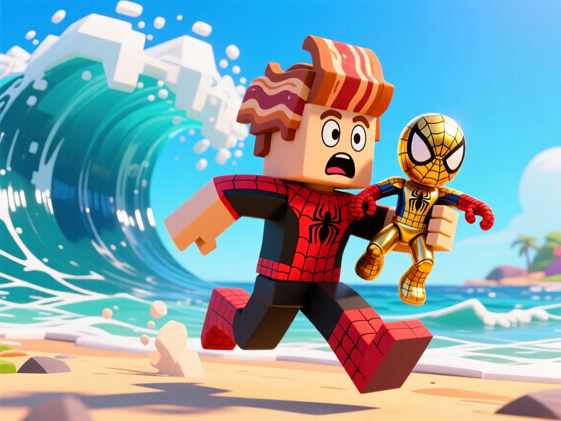 make a roblox image where a bacon hair is running from a wave holding a golden striped Spider man