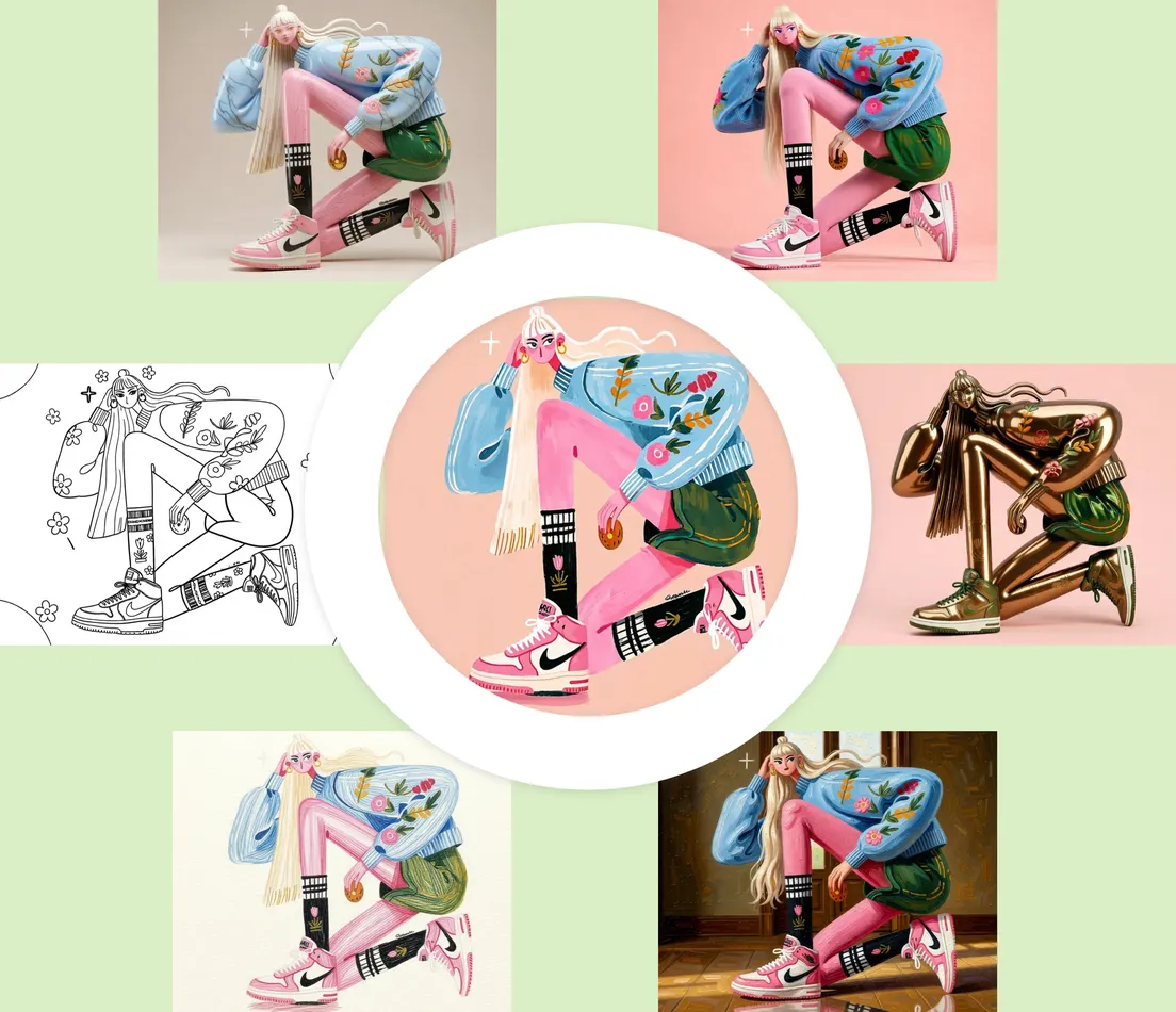 Same photo transformed into six art styles — coloring page line art, flat illustration, gouache painting, oil painting, and metallic sculpture render — arranged around a circular preview