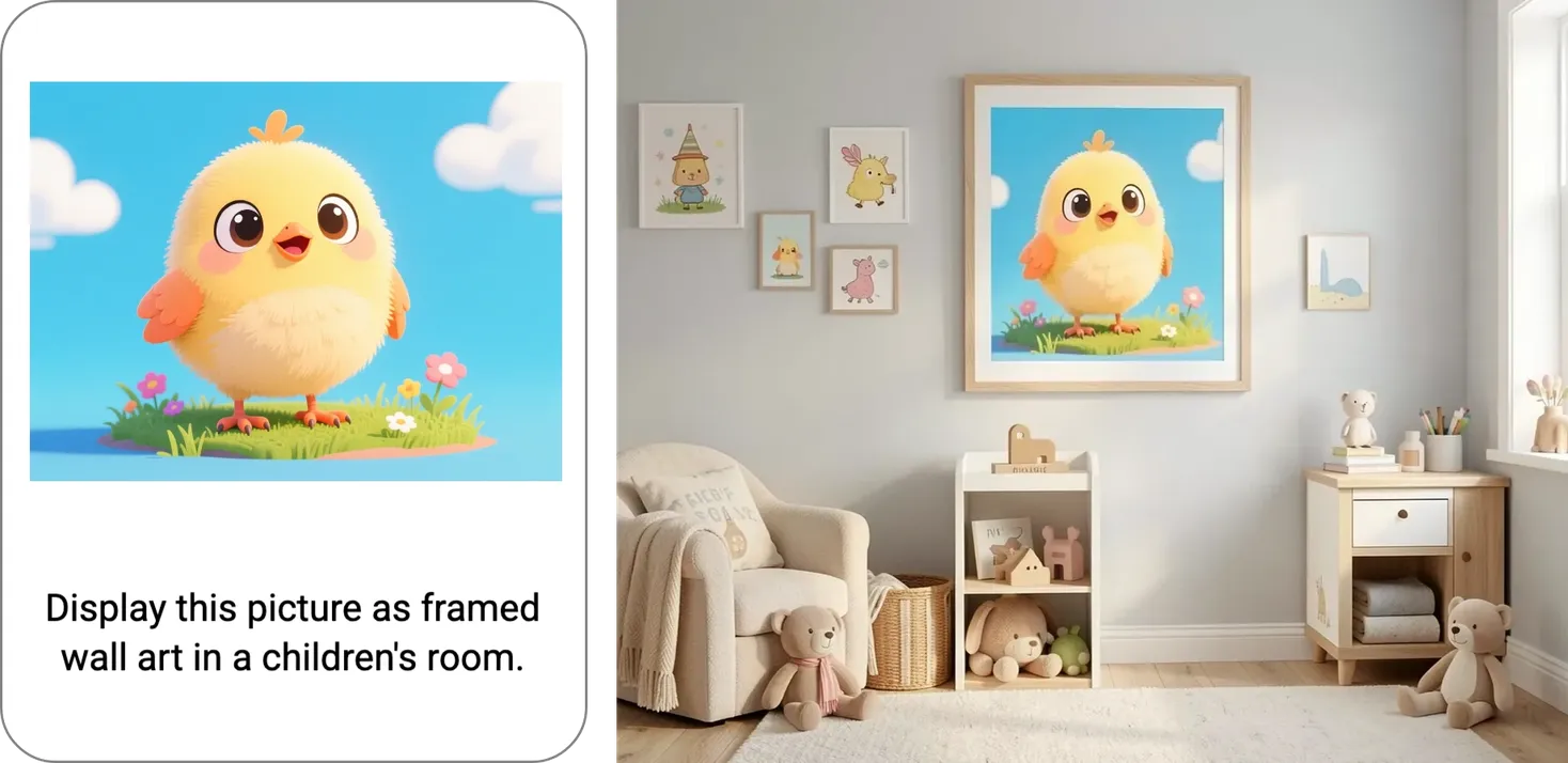 Split-screen demo: on the left, a cute cartoon chick illustration with the prompt 'Display this picture as framed wall art in a children's room'; on the right, that same chick artwork shown as a large framed print hanging above a cozy nursery nightstand and armchair, surrounded by smaller matching animal-themed prints.