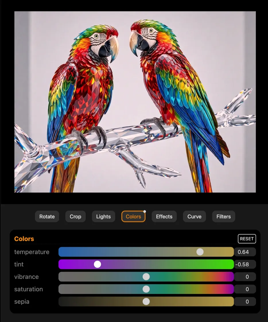 Screenshot of the image editor, showing a pair of crystal parrots.