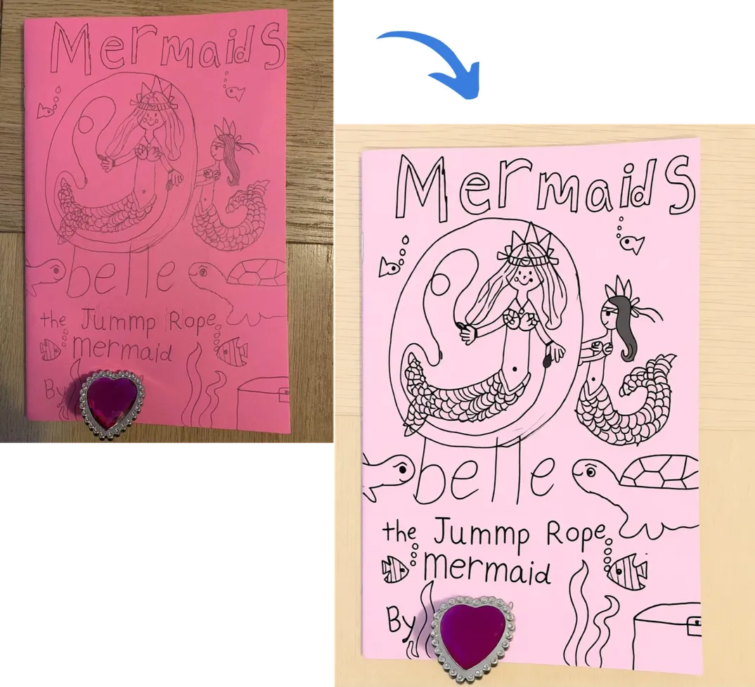 Example of automatic scan correction — a crooked, poorly lit photo of a coloring book cover straightened and enhanced into a clean, professional-quality image.