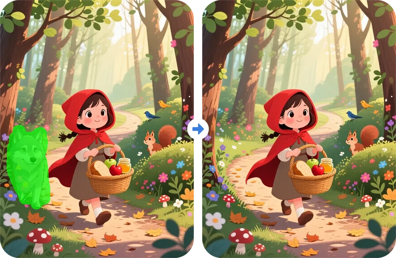 Before and after AI object removal — green-highlighted wolf removed from Little Red Riding Hood forest illustration