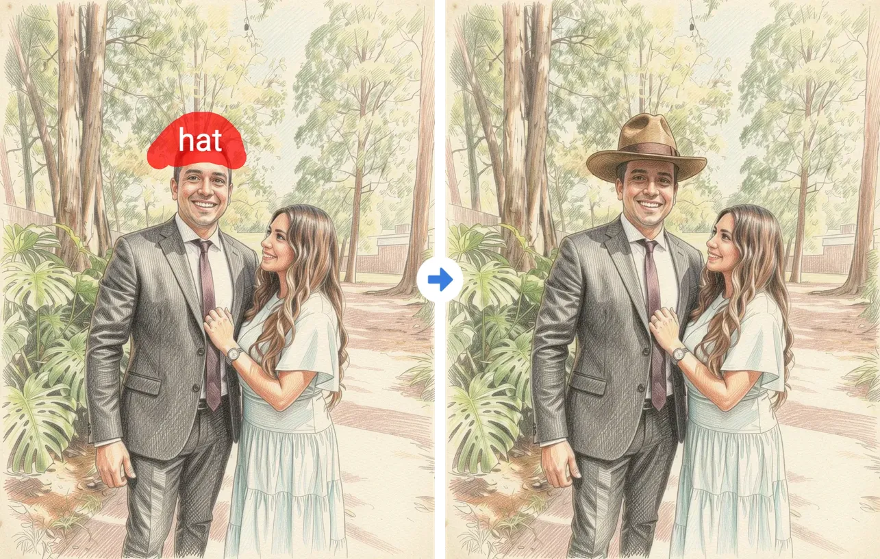Before/after example of adding a hat to a hand-drawn couple portrait