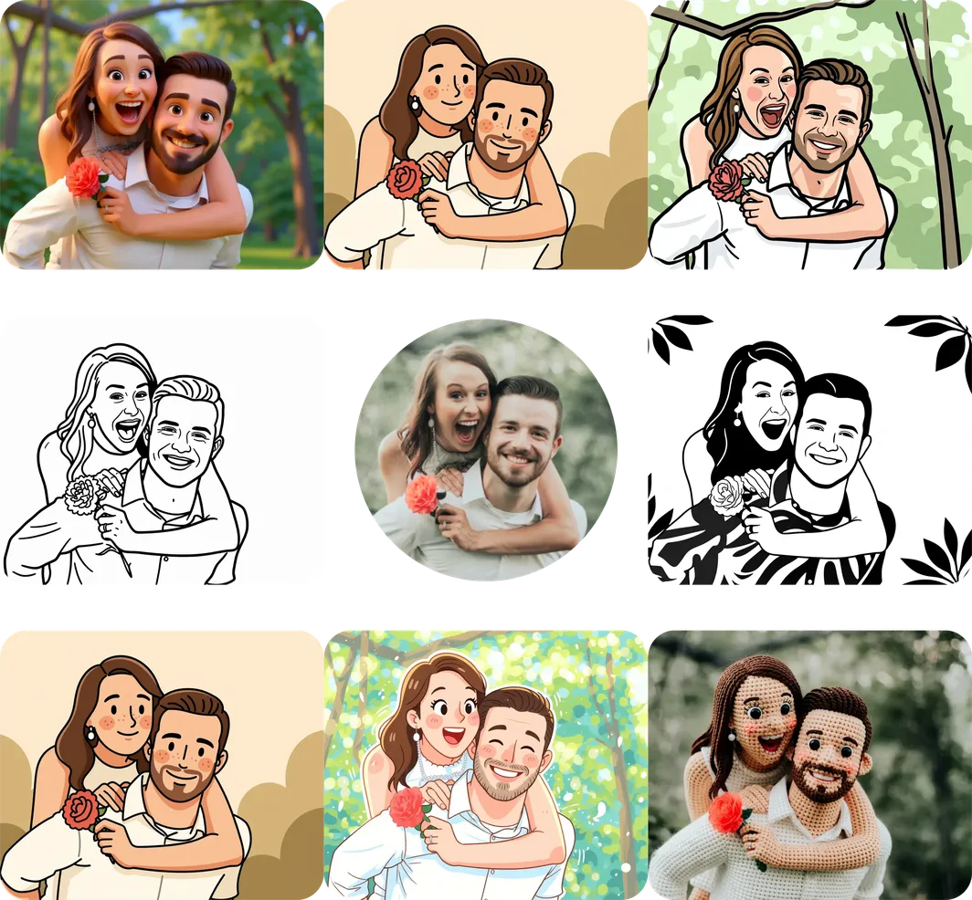 Collage showing one reference photo transformed into multiple art styles