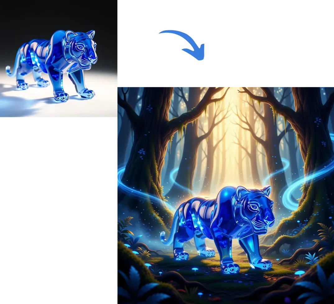 Before-and-after: a glass tiger figure gets a new AI-generated forest background with glowing light effects