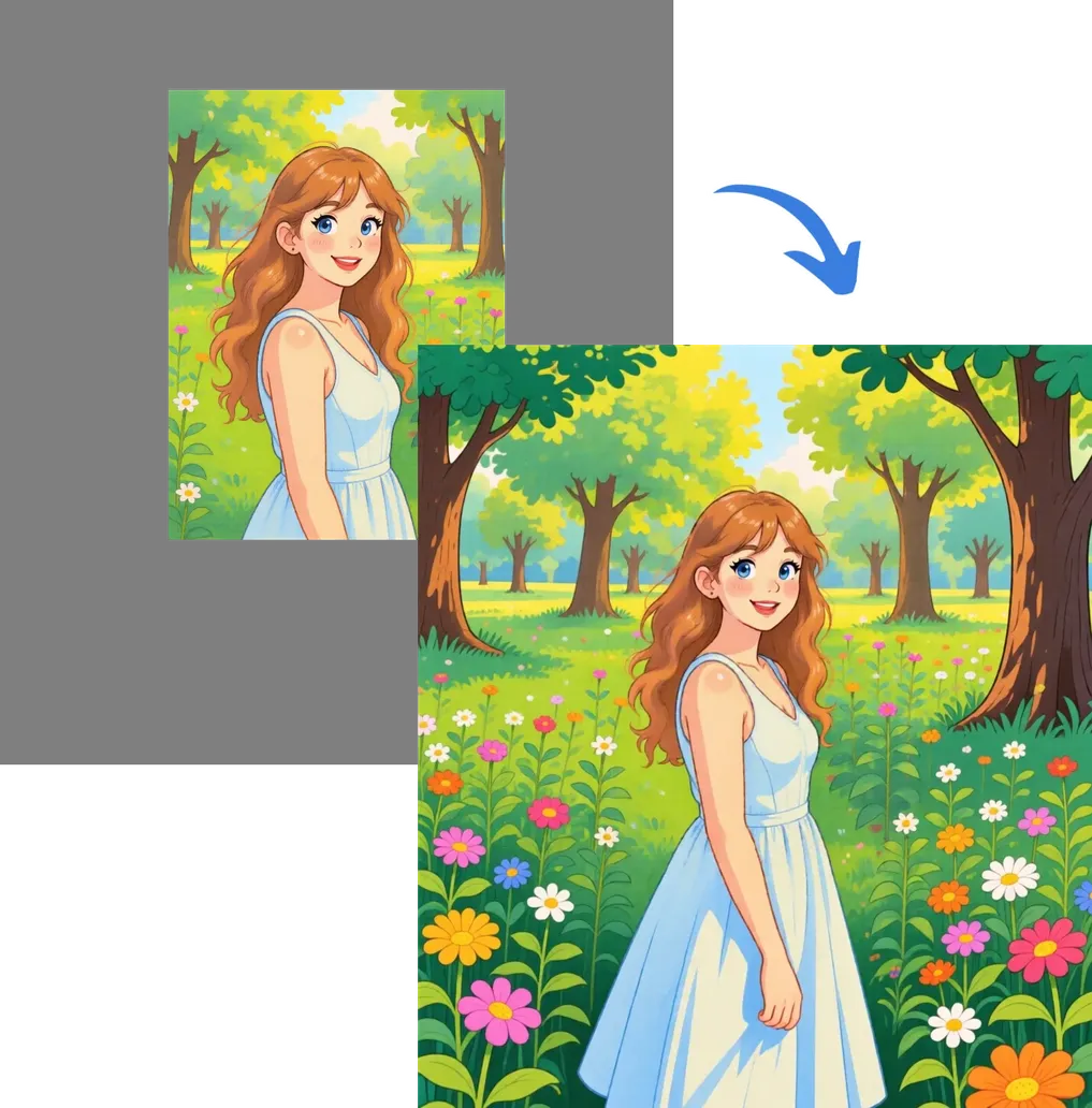 Before and after comparison showing a small illustrated portrait of a girl in a flower meadow expanded into a larger image with extended forest background and additional flowers, demonstrating an AI image extension or uncrop tool.