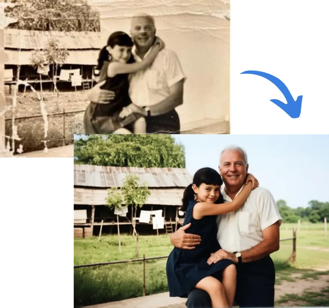 Before and after: faded sepia photo of a man and child restored to vivid color with enhanced clarity