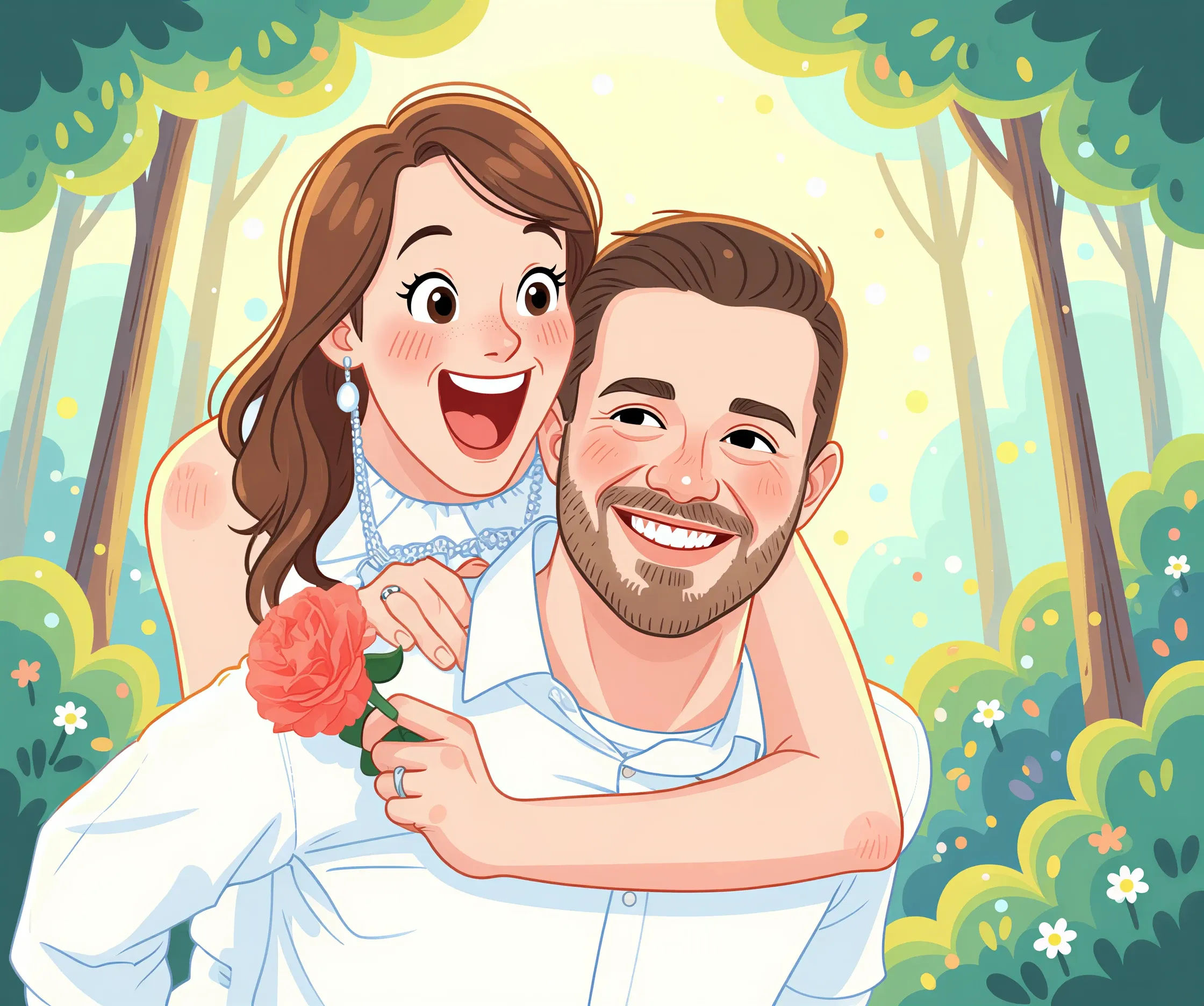 Before-and-after comparison of an AI cartoon couple portrait, showing the original image next to the HD upscaled version with a draggable slider divider, set against a forest background with trees and flowers.